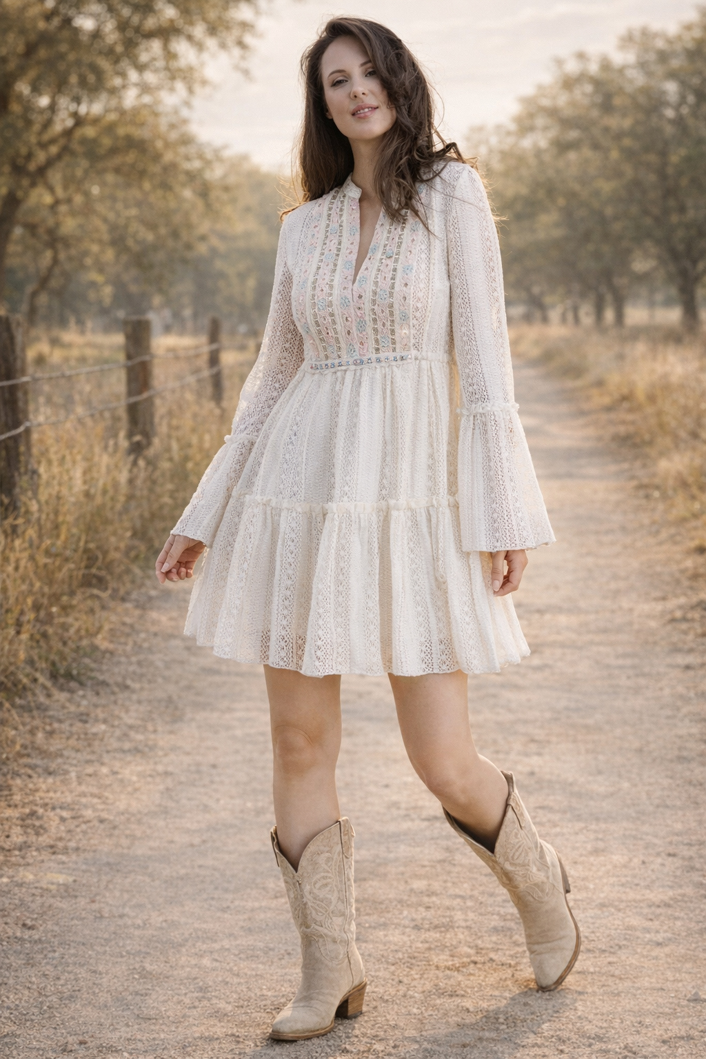 Cotton Blend Vintage Lace Paillettes Detail Midi Dress