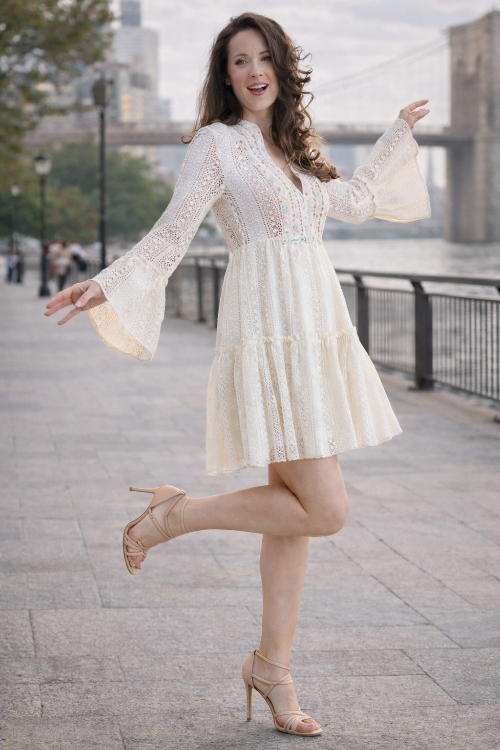 Cotton Blend Vintage Lace Paillettes Detail Midi Dress